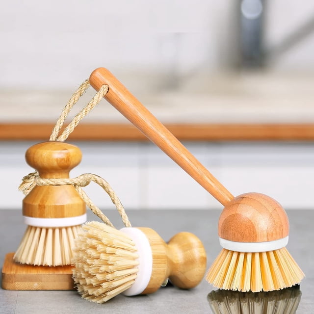 Cepillo de bambú para lavar platos, juego de cepillos de limpieza de madera para ollas, sartenes, fregadero de cocina, limpieza de verduras, juego de 3 Ormromra WRLF-146