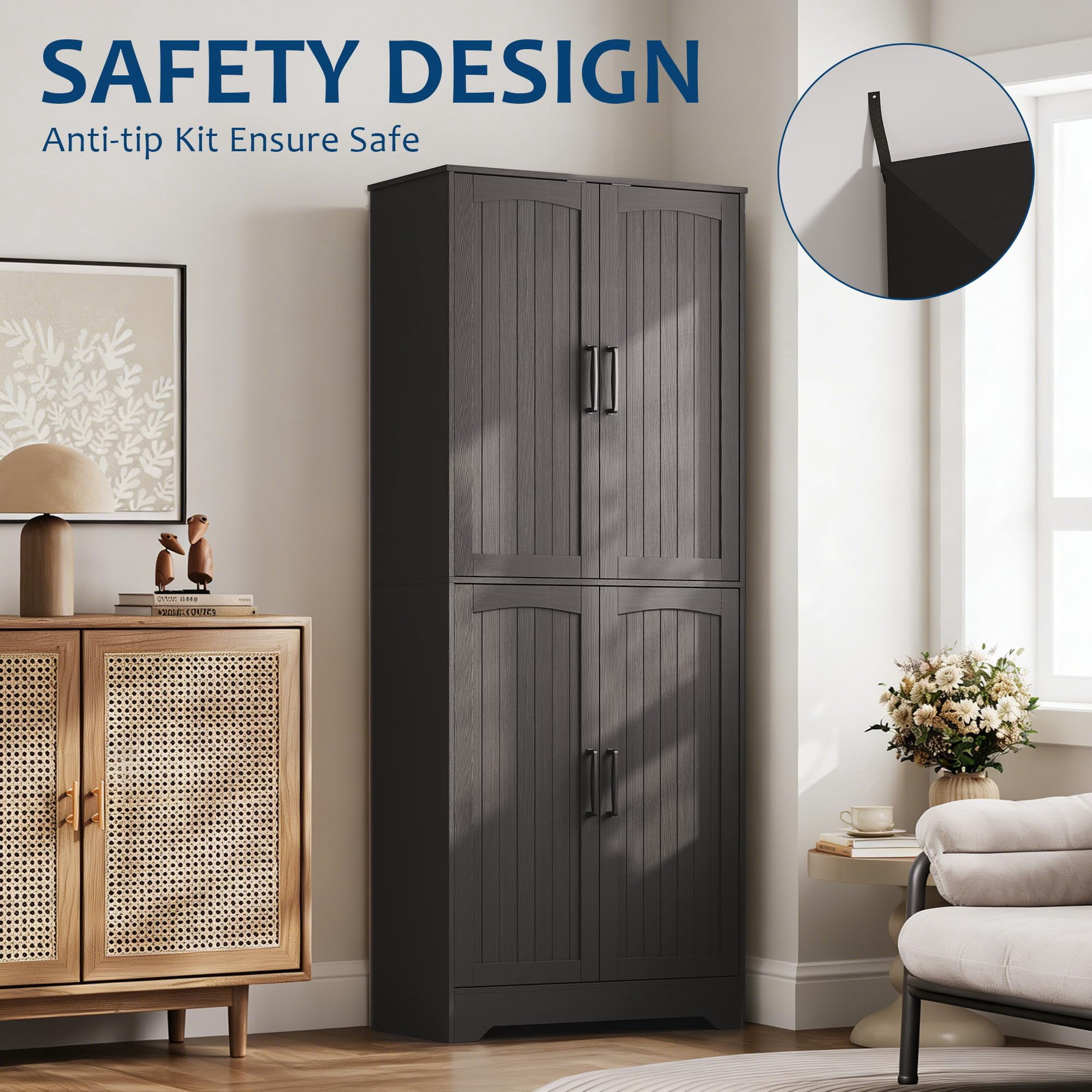 71 Inch Modern Tall Wood Pantry Storage Cabinet, Farmhouse Kitchen Pantry Cabinet, with 4 Doors & Adjustable Shelves, Freestanding Cupboard for kitchen & Living Room, Black