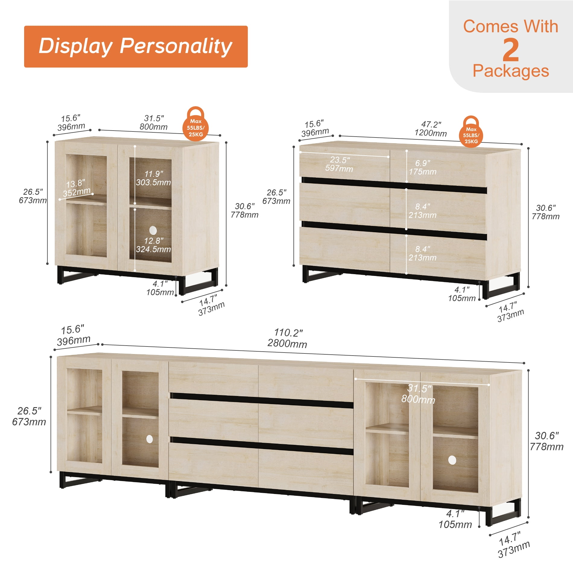 3 In 1 Multifunctional Dresser with Glass Doors & 6 Drawers, Modern Chest of Drawers with Adjustable Shelf, Multi-purpose Closet Organizer Storage Cabinet for Bedroom,Beige