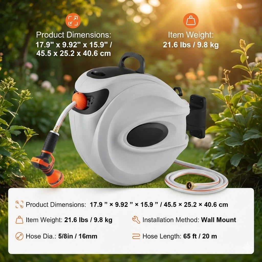 Retractable Hose Reel, 65 ft x 5/8 inch, 180° Swivel Bracket Wall-Mounted, Garden Water Hose Reel with 9-Pattern Nozzle, Automatic Rewind, Lock at Any Length, and Slow Return System