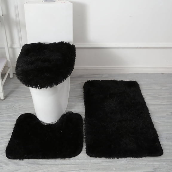 Black Bathroom Rugs Sets 3Piece Bath Mat Solid Bath Rug Floor Mats Washable Shower Rug with U-Shaped Contour Rug Toilet Lid Cover