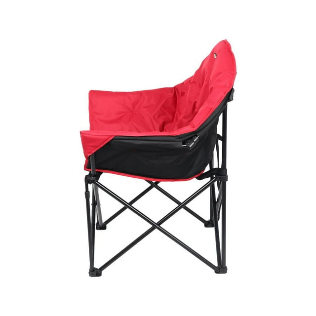 Faulkner Camping Chair 49579H Big Dog; a foldable bucket chair with a 300-pound weight capacity. Features a burgundy and black polyester fabric with padding, supported by 3/4-inch steel tubing. The chair has a comfortable backrest and includes a built-in carrying bag with a shoulder strap. Shown in a side profile view, highlighting its sturdy frame and padded seat.