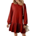 thumbnail image 1 of Womens 2024 Fall Long Sleeve Pullover Tops Crewneck Rib Knit Patchwork Sweatshirt Dress Casual Mini Dresses, 1 of 5