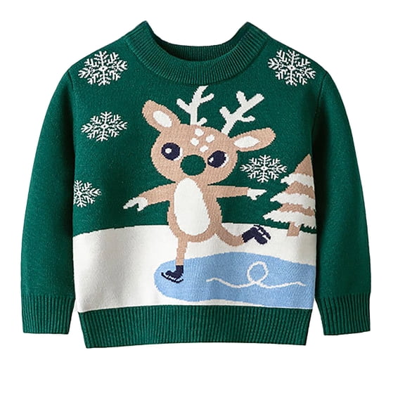 Bysome Christmas Sweater For Girls Toddler Knit Pullover Casual Cute Christmas Cute Cartoon Reindeer Print Sweater Long Sleeve Crew Neck Tops Fall Winter Kids Clothes Green Size 1-2 Years