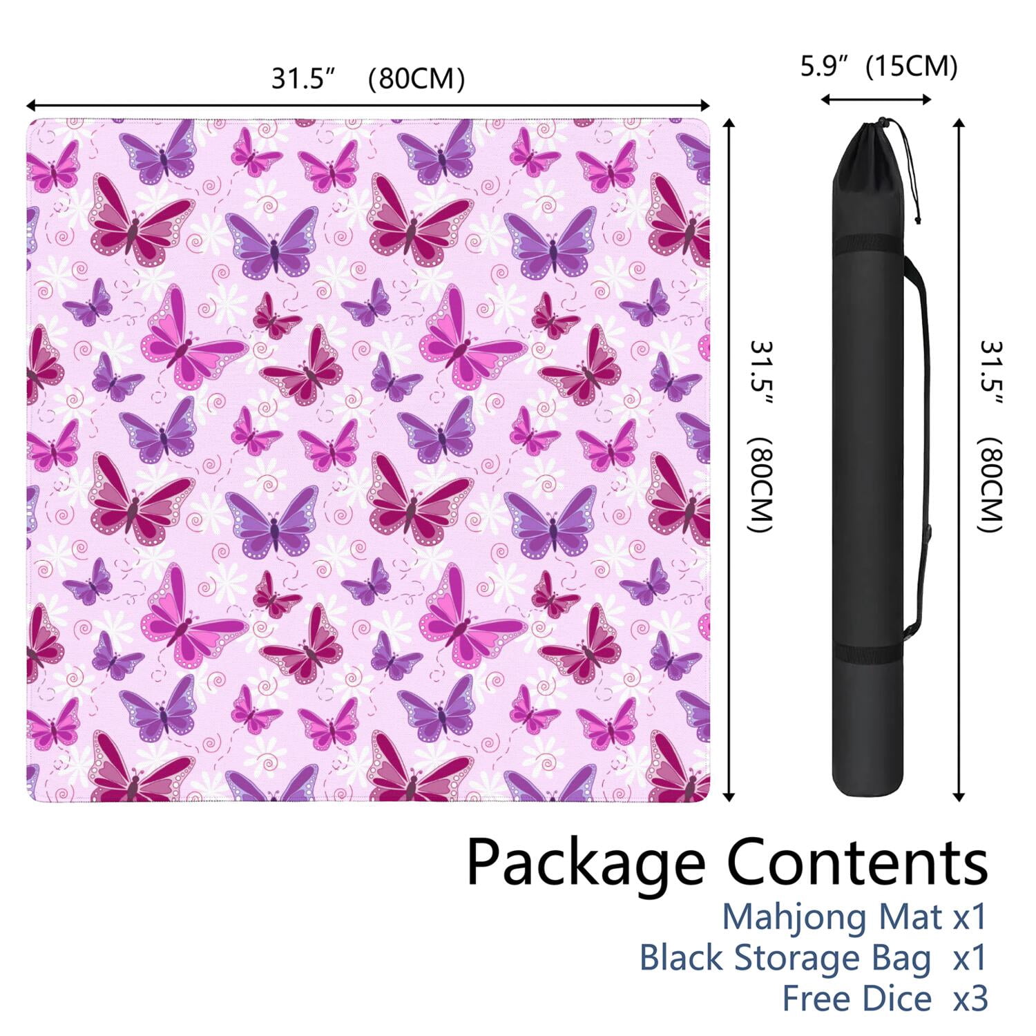 Butterfly Mahjong Mat for Table, 31.5*31.5in Anti Slip American Mahjong Table Cloth, Noise Reduction, Neoprene Mah jongg Mat with Carrying Bag & 3 Dices, Mahjong Set Gift for Board Tile Games Mats