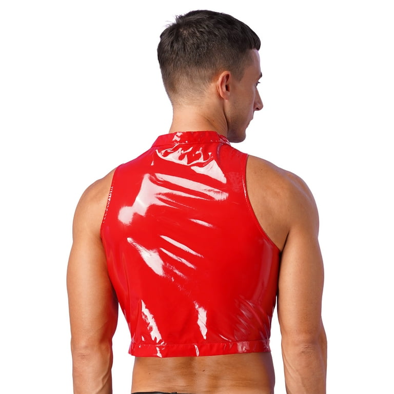 Yeahdor Mens Sleeveless Lace-Up Crop Top Wet Look Patent Yeahdor Mens Sleeveless Lace-Up Crop Top Wet Look Patent
