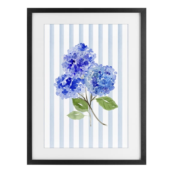 Stupell Industries Blue Hydrangeas over Stripes Black Framed Print Under Glass, design by Corinne Haig