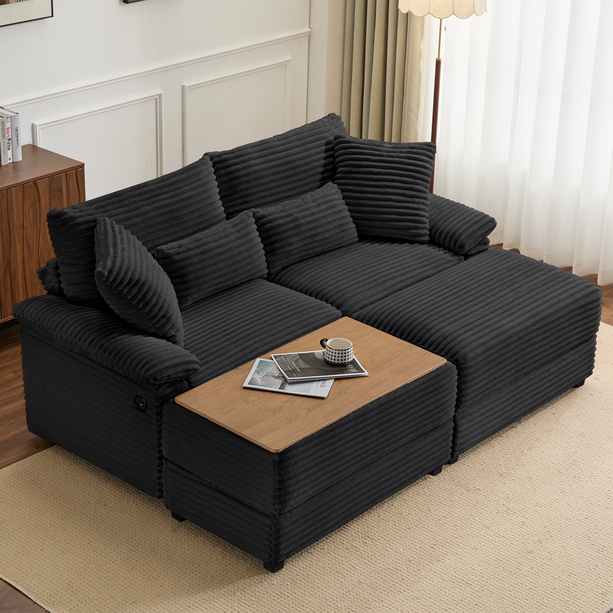 Alvantor 74" Sofa Loveseat with Reversible Ottoman & USB Port Corduroy Chaise Couch for Living Room Black