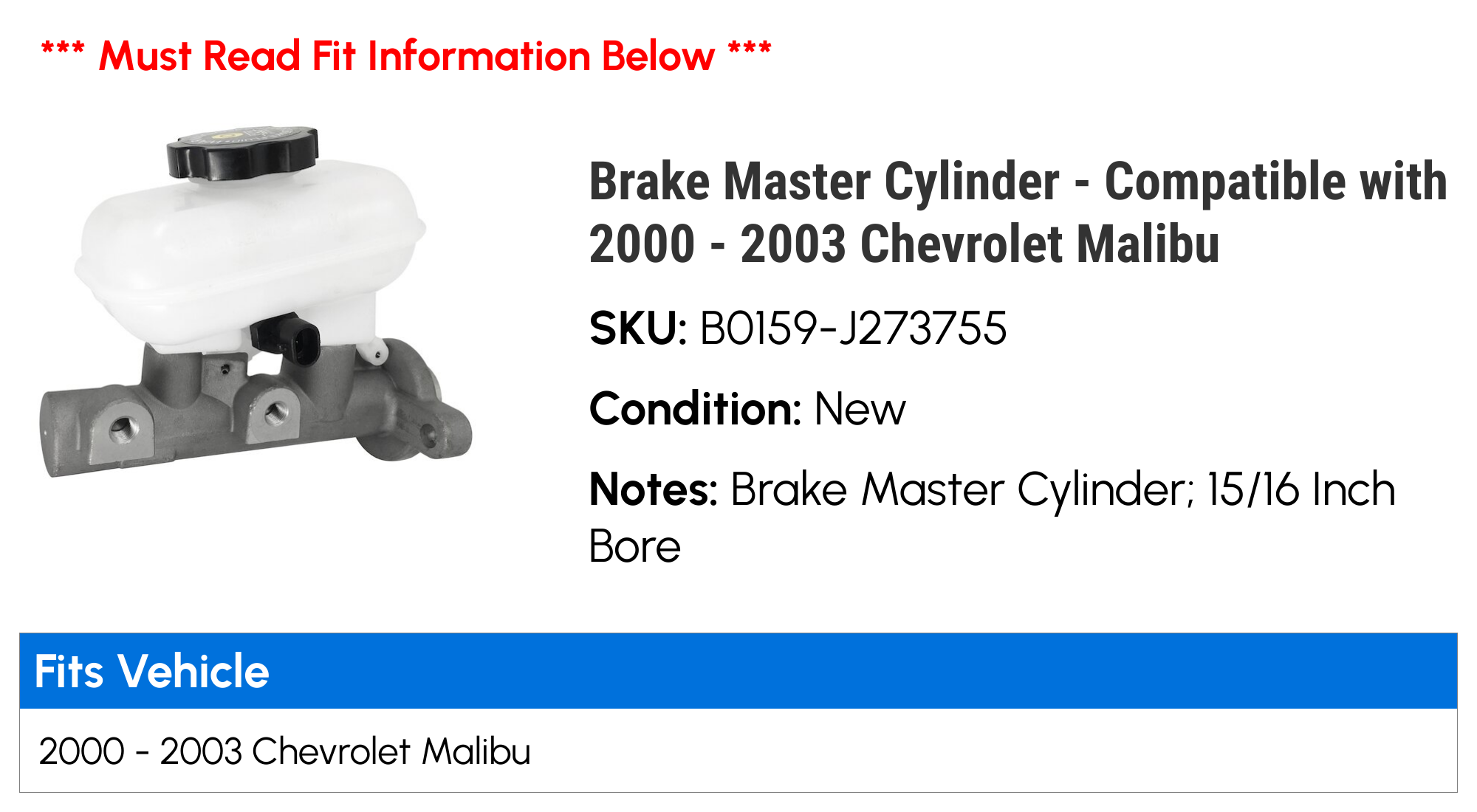 Brake Master Cylinder - Compatible with 2000 - 2003 Chevy Malibu 2001 2002