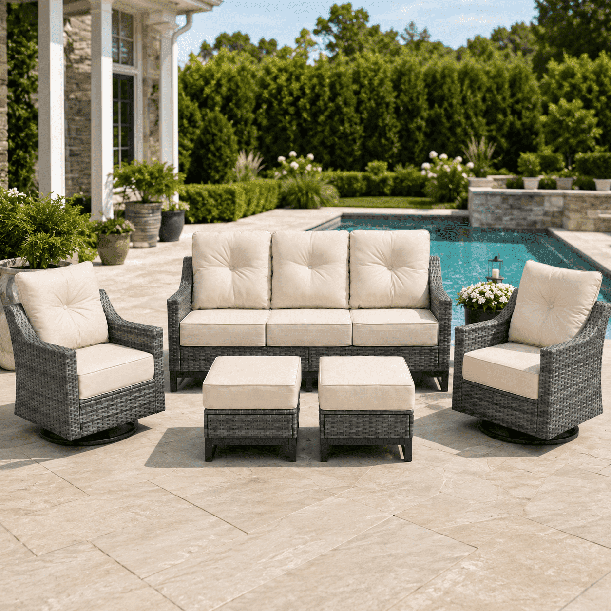 BelvaraHome 5-Piece PE Wicker Patio Set with Sofa, 2 Swivel Chairs & Ottomans, Gray/Beige