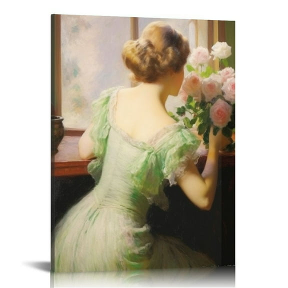 COMIO Vintage Framed Canvas Wall Art Home Decor,Classical Oil Painting The Scent of Roses Vintage Canvas Prints Wall Decor for Living Room,Bathroom,Balcony-Natural Framed