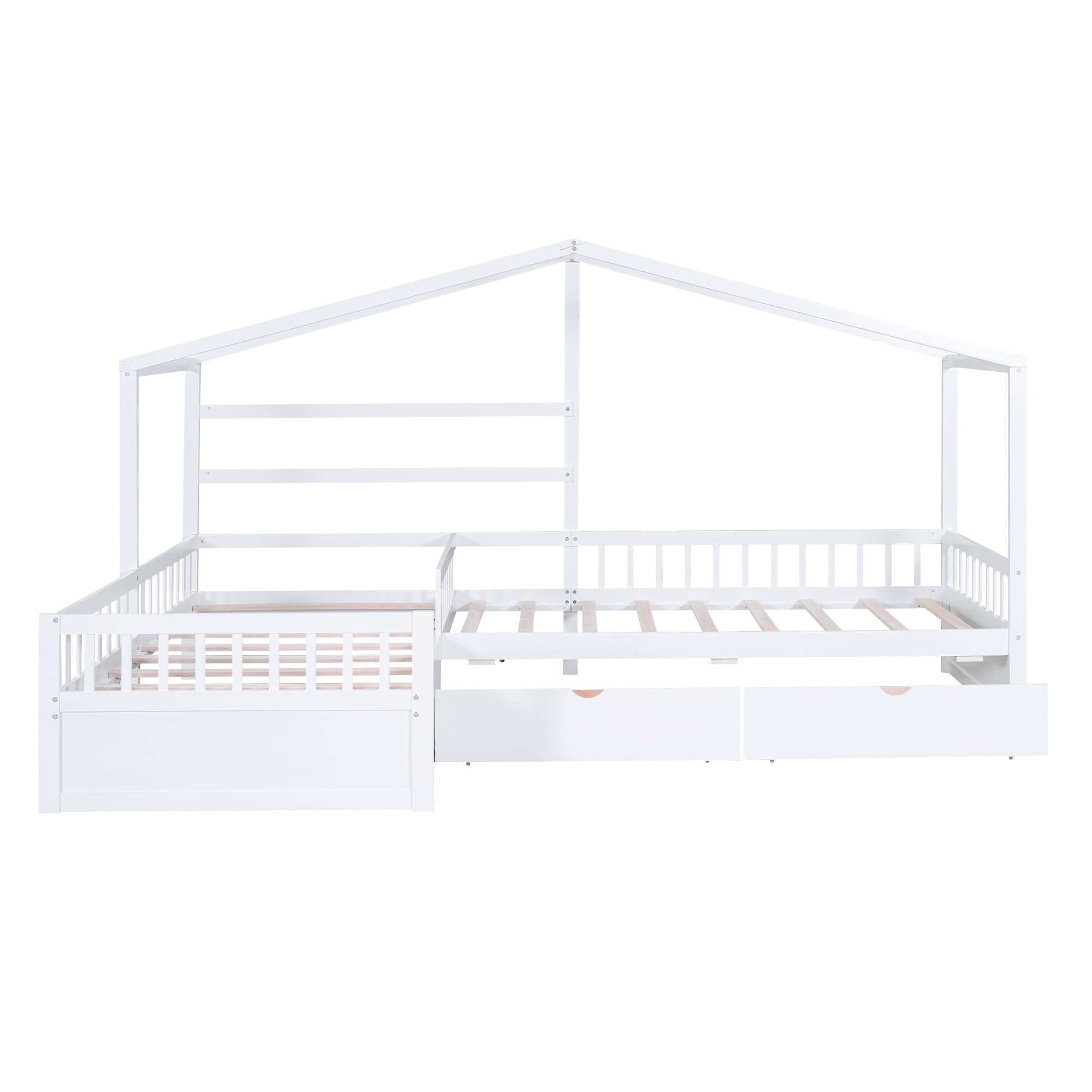 Bellemave House Bed Double Twin Beds, Wood L-Shape Twin Bed with 3 Storage Drawers, Montessori Bed with Roof and Fencefor Toddler Kids Girls Boys (White)
