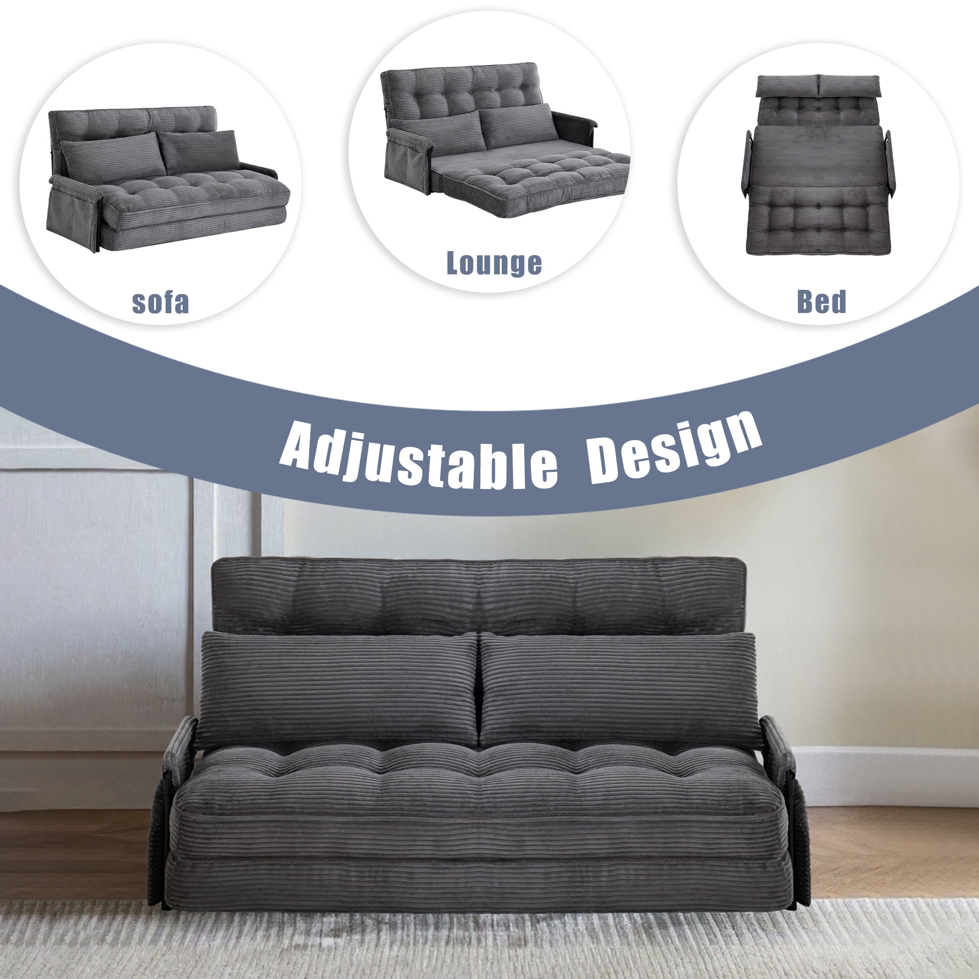 Convertible 5-Position Foldable Lazy Sofa Sleeper Bed with Armrest,Adjustable Floor Sofa Couch with 2 Pillows,Fold Out Floor Couch,Dark Grey