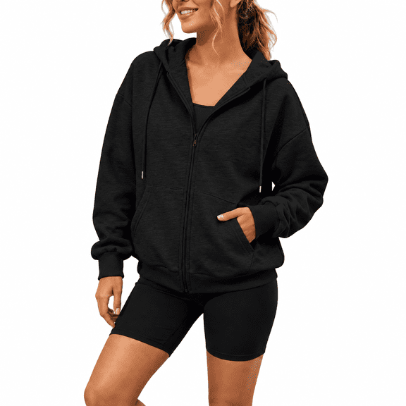 Dnhxils Fall Sweatshirts for Women Casual Full Zip Hoodies Cozy Long Sleeve Outerwear with Pockets Womens Fashion Clothes Black L