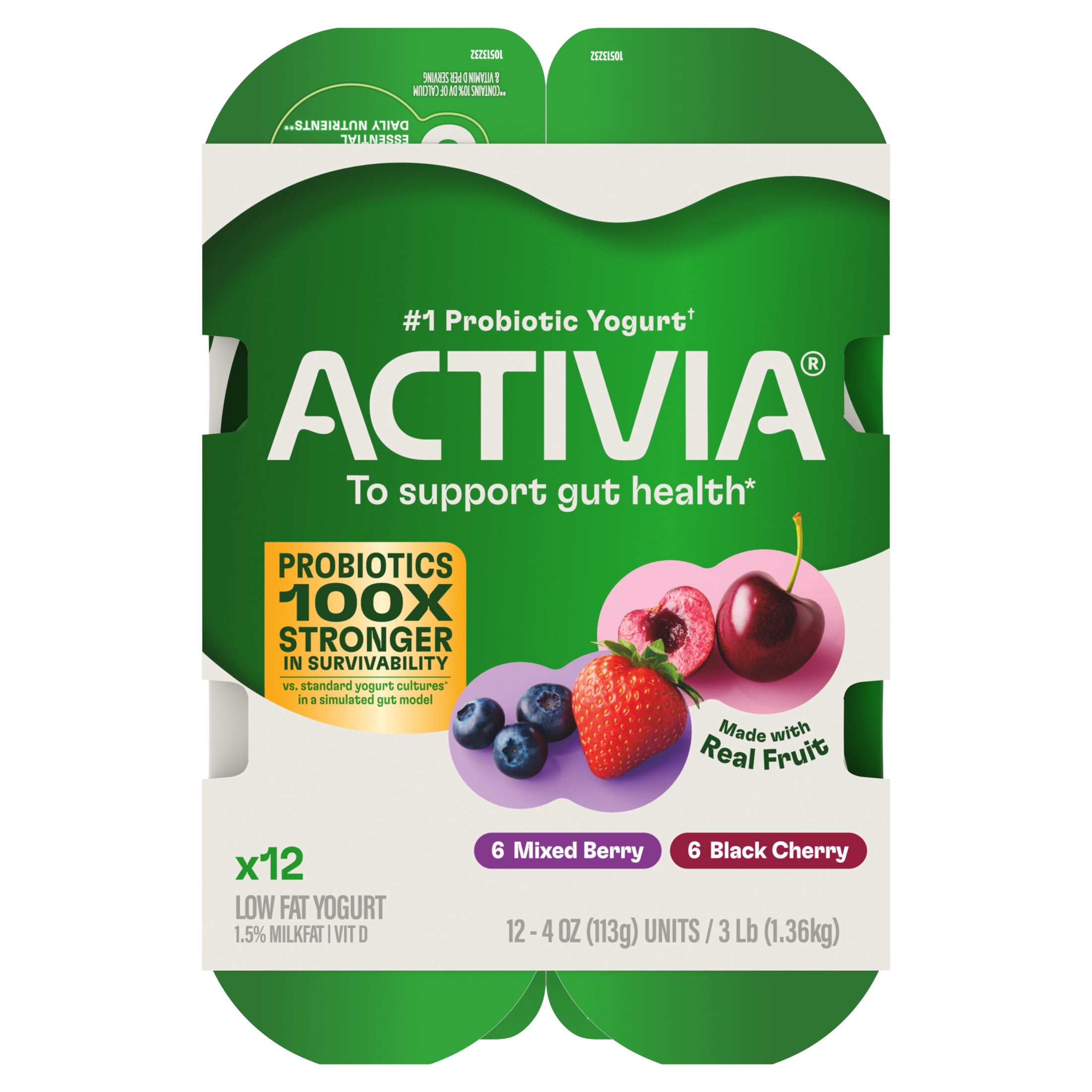 Activia Black Cherry and Mixed Berry Low Fat Probiotic Yogurt Cups Variety Pack, Helps Support Gut Health, 4 oz, 12 Count