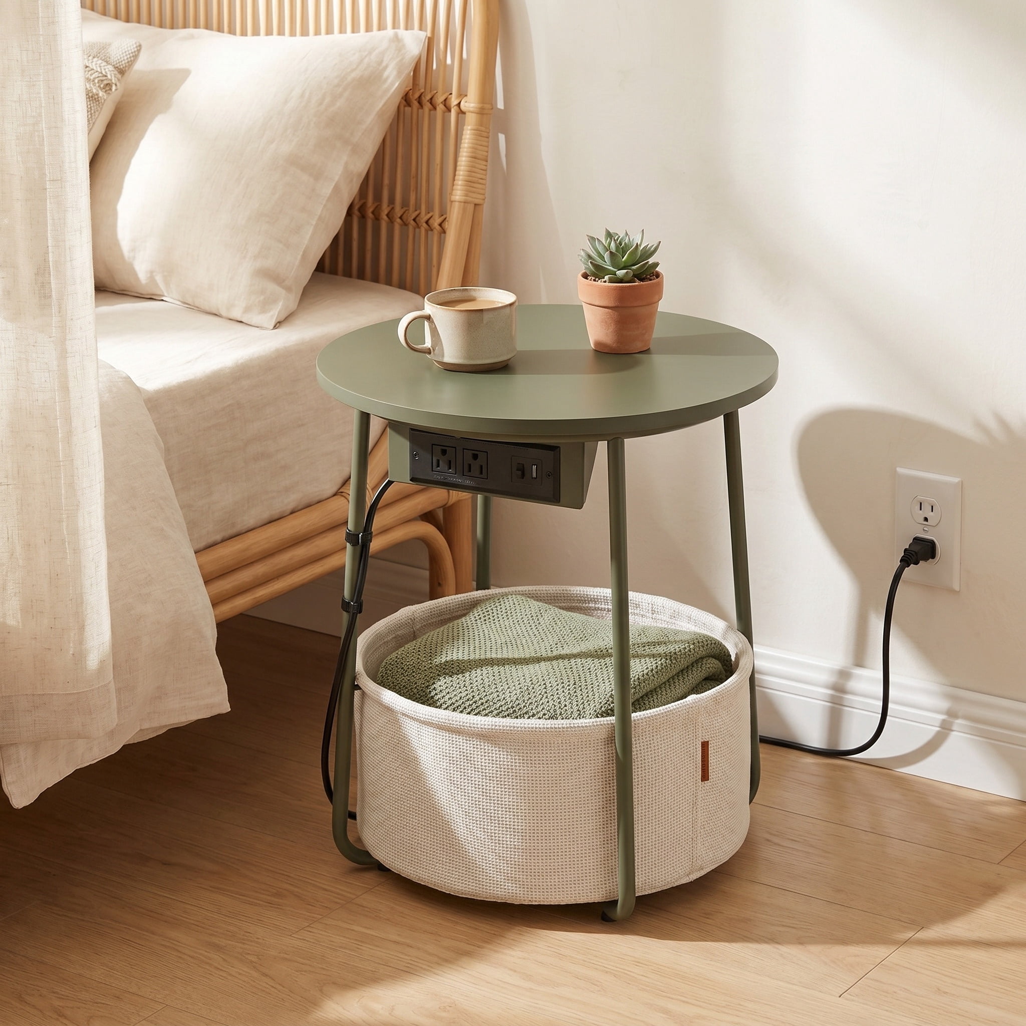 Nordic Hygge 17.7 in. Round Side Table with Charging Station and Storage Basket, Forest Green/Cream White