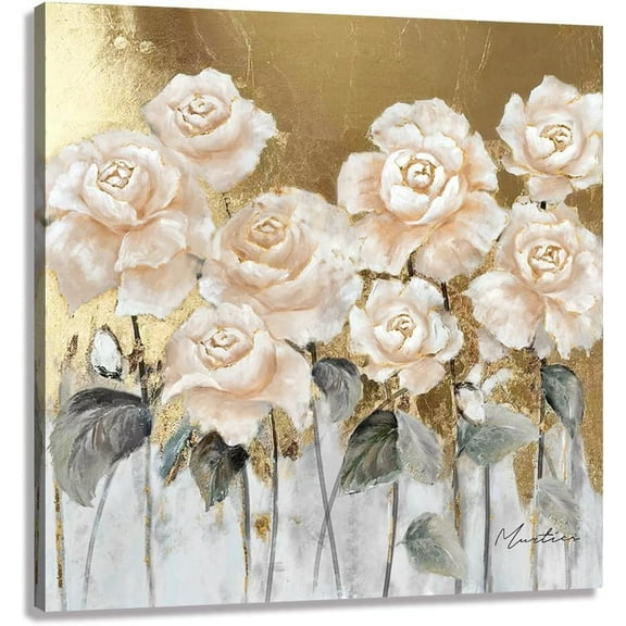 Flower Decor Wall Art White Floral Pictures Canvas Gold Yellow Decoration with Solid Wood Frame Easy to Hang 12x12