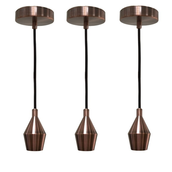 Royal Designs Keyless Antique Copper Cone-Shaped Pendant Light Socket and Canopy with Brown Rayon Fabric Cord, Set of 3