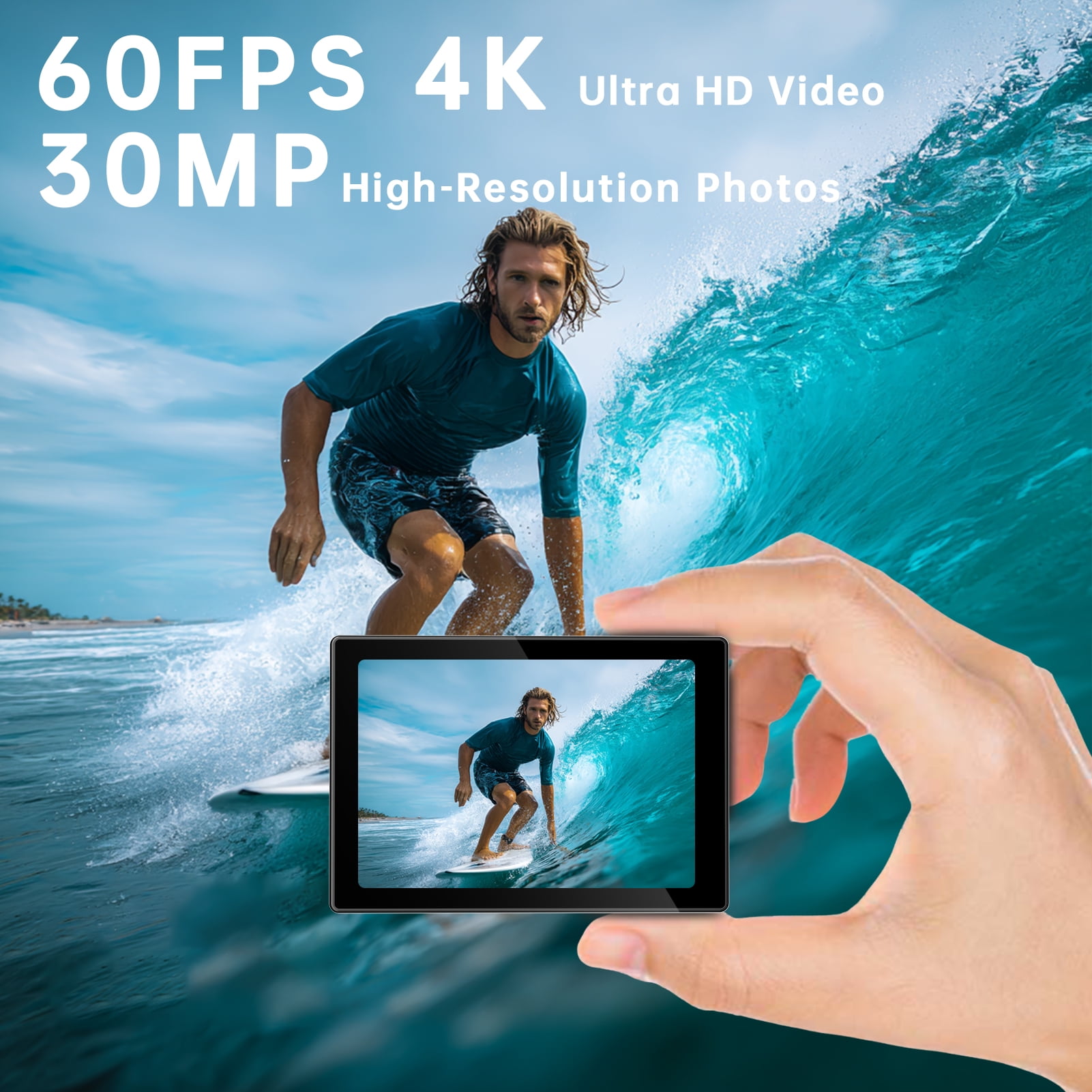 Action Camera 4K 60FPS 30MP with Front LCD and Rear Touchscreen, Underwater Camera 132FT Waterproof with 64GB Card,EIS,5X Zoom, 2.4G Wifi Remote Control,Vlog Cam,Dual Batteries,Mount Kit