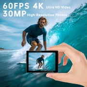 Action Camera 4K 60FPS 30MP with Front LCD and Rear Touchscreen, Underwater Camera 132FT Waterproof with 64GB Card,EIS,5X Zoom, 2.4G Wifi Remote Control,Vlog Cam,Dual Batteries,Mount Kit