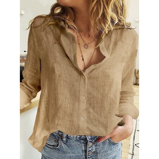 Camisas elegantes de lino y algodón para mujer, blusas informales con botones sólidos y solapa, blusas sueltas de manga larga para primavera y verano, Blusas tipo túnica Tan Jianjun unisex