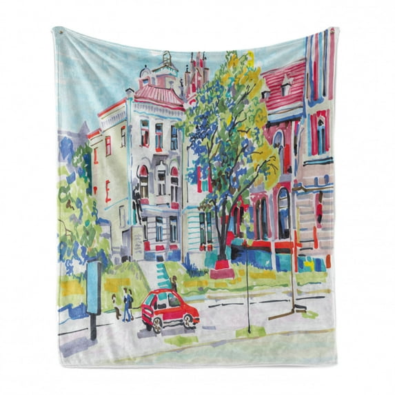 Fine Art Soft Flannel Fleece Blanket, Pattern of Old Fashioned European Town Scene Ukraine Streets Architecture Drawing, Cozy Plush for Indoor and Outdoor Use, 50" x 70", Multicolor, by Ambesonne