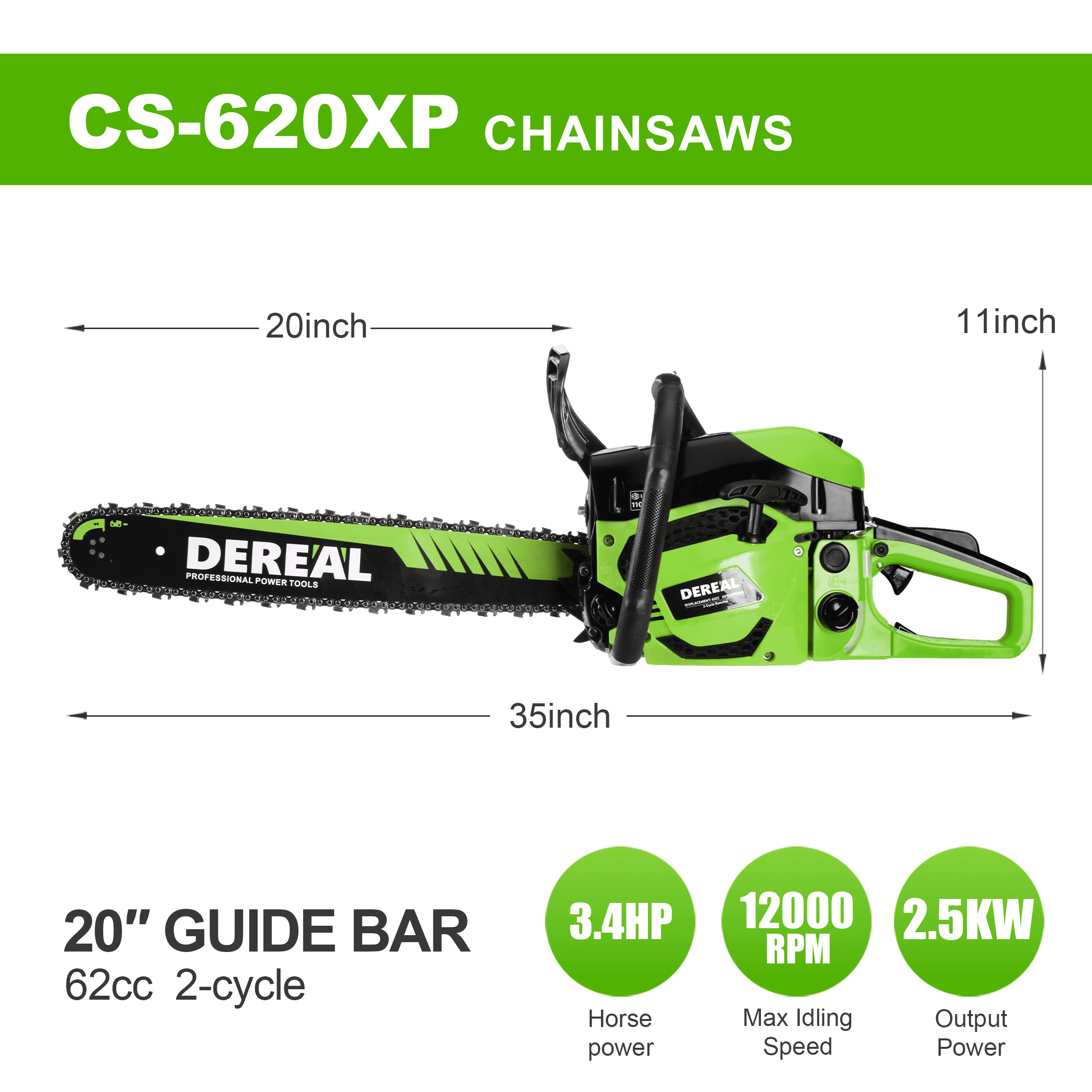 20-Inch 62CC 2-Stroke Gas Chainsaw, Heavy-Duty Gas Powered Wood Cutting Saw with Automatic Oiler & Easy Start for Farm & Home Use 620XP Green