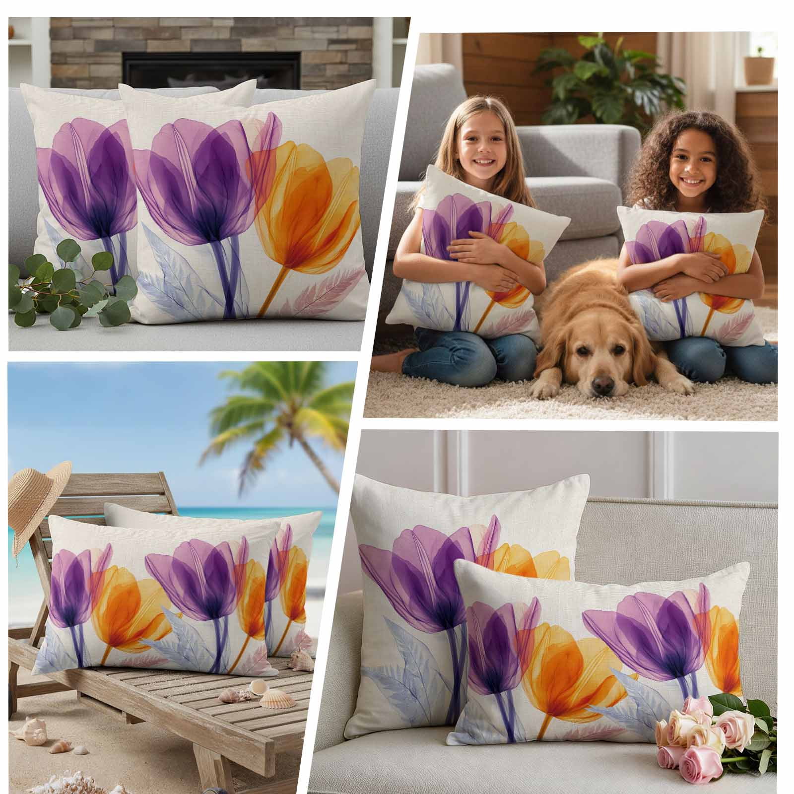 Spring Purple Pillow Covers 2 Pack Orange X-ray Tulip Flower Retro Pillowcase Waterproof Outdoor Throw Pillow Cover for Patio Garden Square Cushion 16”x16”
