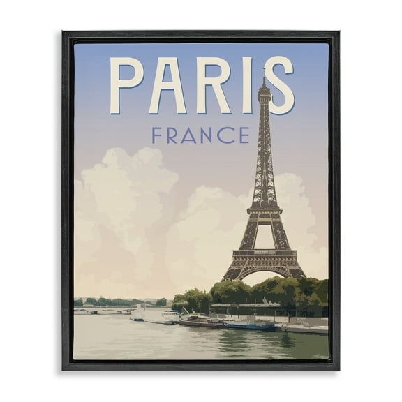 Stupell Industries Paris Tower Landmark Cityscapes Painting Black Floater Framed Canvas Art Print Wall Art, 17 x 21