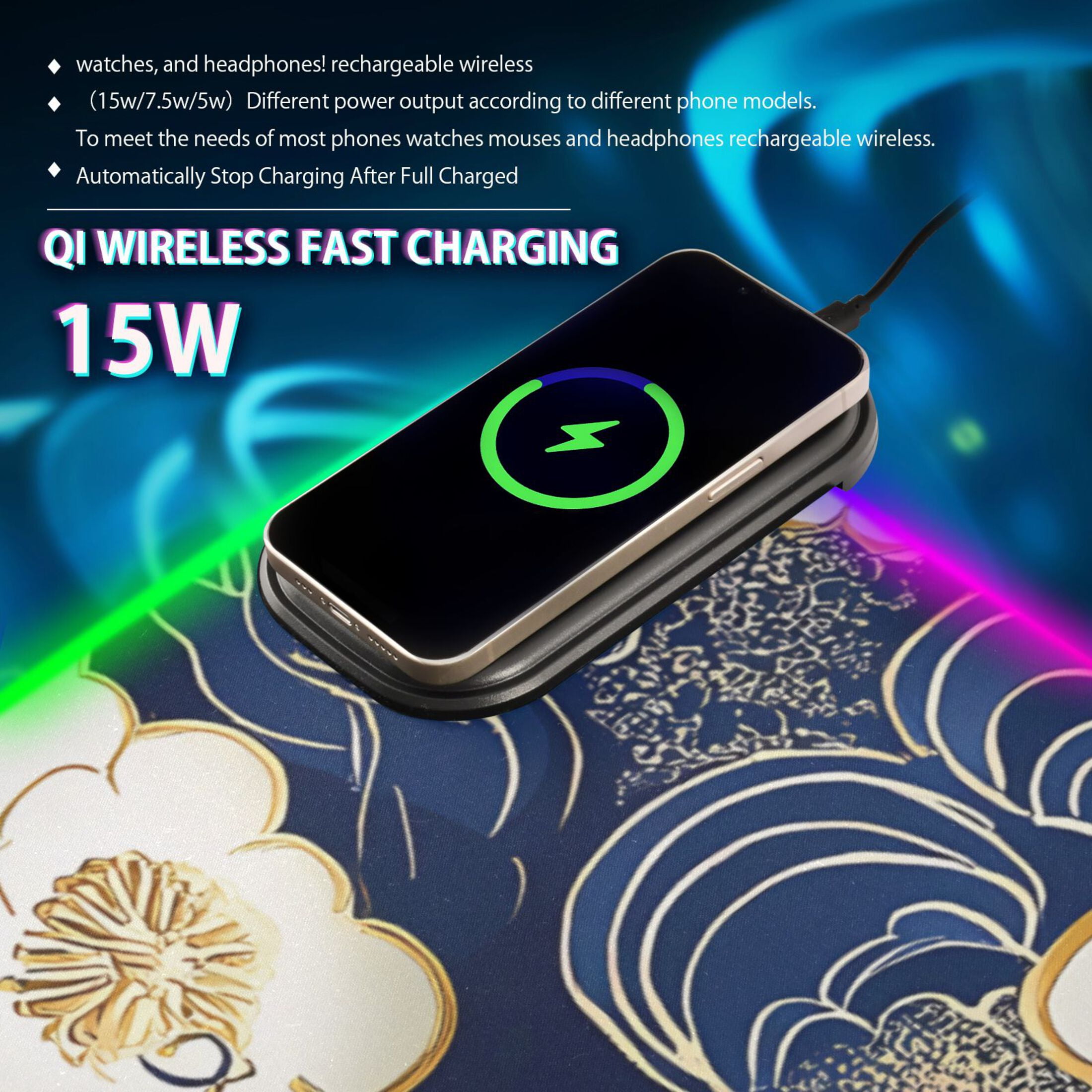 RGB Gaming Mouse Pad 15W Wireless Charging Large Waterproof Desk Mat 13 Light Modes Mousepad 31.5x11.8 Blue Cloud White Flower