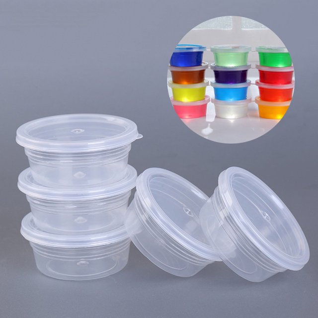 Trayknick 12Pcs Clear Slime Storage Round Plastic Box Container Foam Ball Cups with Lids. A set of 12 transparent plastic containers with airtight lids, ideal for DIY slime storage. These eco-friendly, reusable containers are lightweight and durable, measuring approximately 6.5cm x 5.3cm x 2.9cm. The image includes a close-up of the clear design and an inset showing colorful slime stored in similar containers.