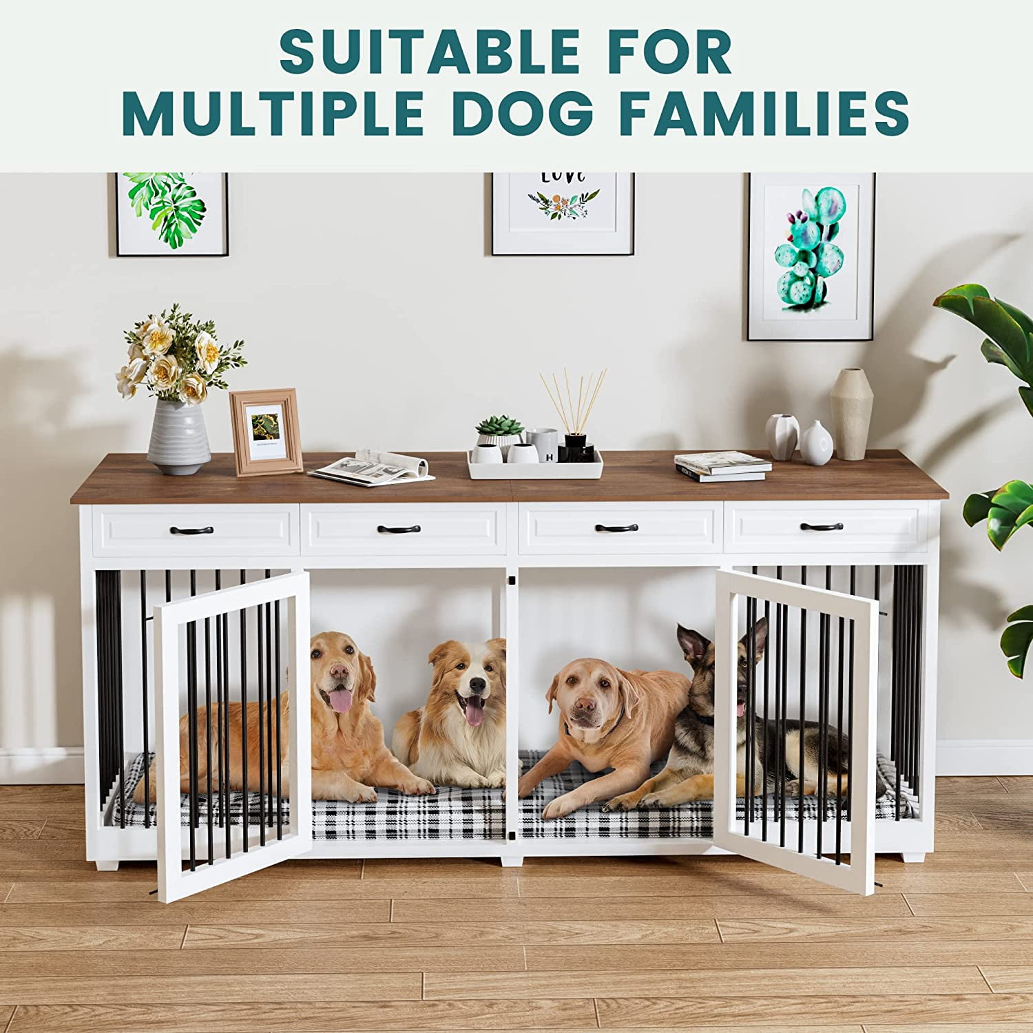 86.6" Large Dog Crate Furniture, Wooden Dog Kennel with 4 Drawers