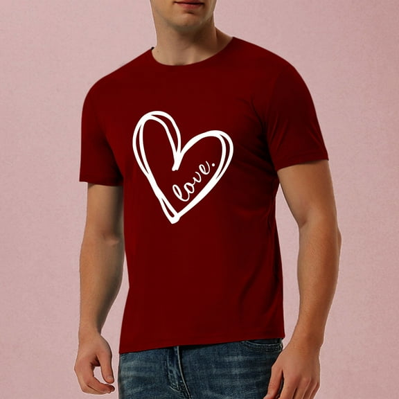 EQWLJWE Mens Short Sleeve Basic Tops Valentine's Day Casual Short-sleeved Solid Color Love Printed T-shirt