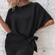 thumbnail image 3 of Mujer Verano Top Dobladillo Anudado Espalda Plisada Línea Media Ojo De Cerradura Espalda Media Manga Cuello Redondo Camisa De Verano Top Negro S, 3 of 8