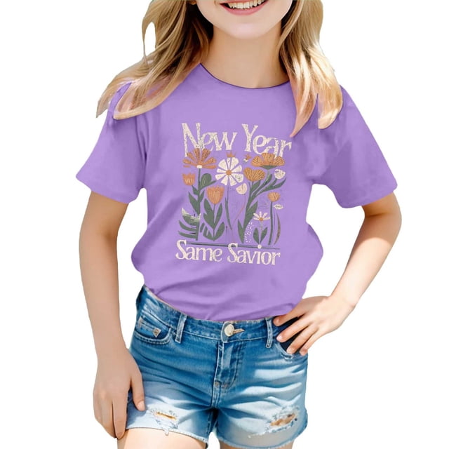 LUOGENLI T-Shirt pour Filles, Chemises pour Adolescentes, Enfants, Filles, Manches Courtes, Imprimés, Hauts pour Filles, Chemises Tendance Été, Violet 2-3 Ans
