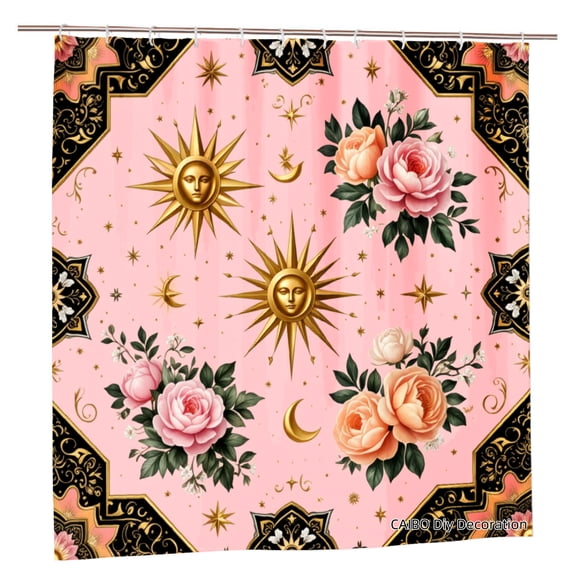 Joocen Polyester Shower Curtain Pink Sun Moon Roses Floral Pattern Black Gold Border For Home Bathroom Bath Tub Decoration 72x72 inch