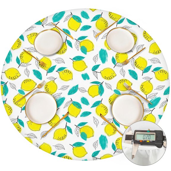 Lemon and Brush White Pattern Round Fitted Tablecloth with Elastic Edge, Waterproof Dining Table Cover for Indoor Outdoor Camping and Daily Use
