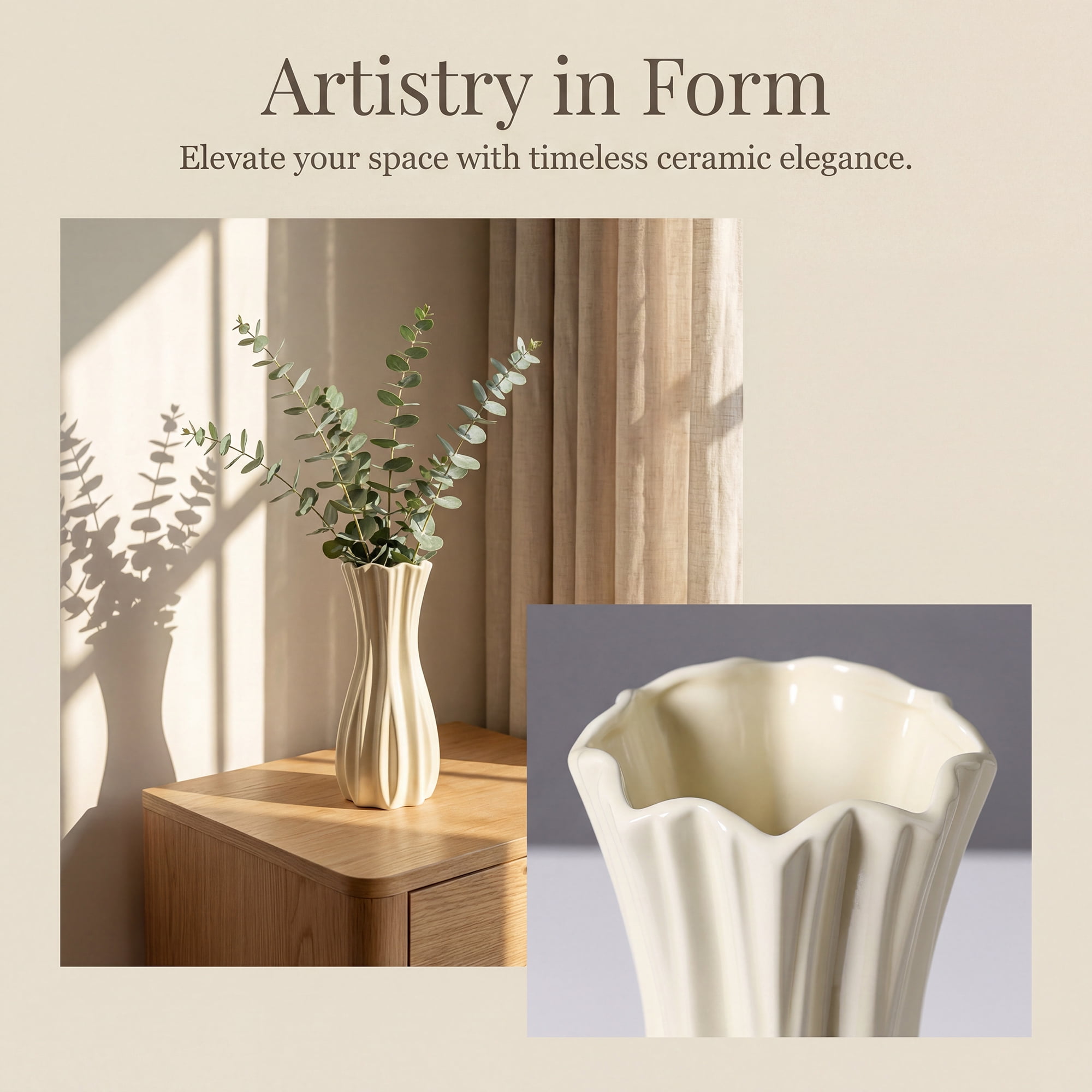 Unique Bargains Modern White Ceramic Vase Cream Yellow 3.5"L x 3.5"W x 7.9"H