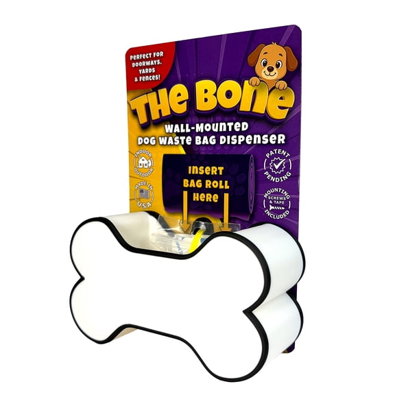 The Bone Wall Mounted Dog Waste Bag Dispenser - Indoor/Outdoor Screw or Stick On