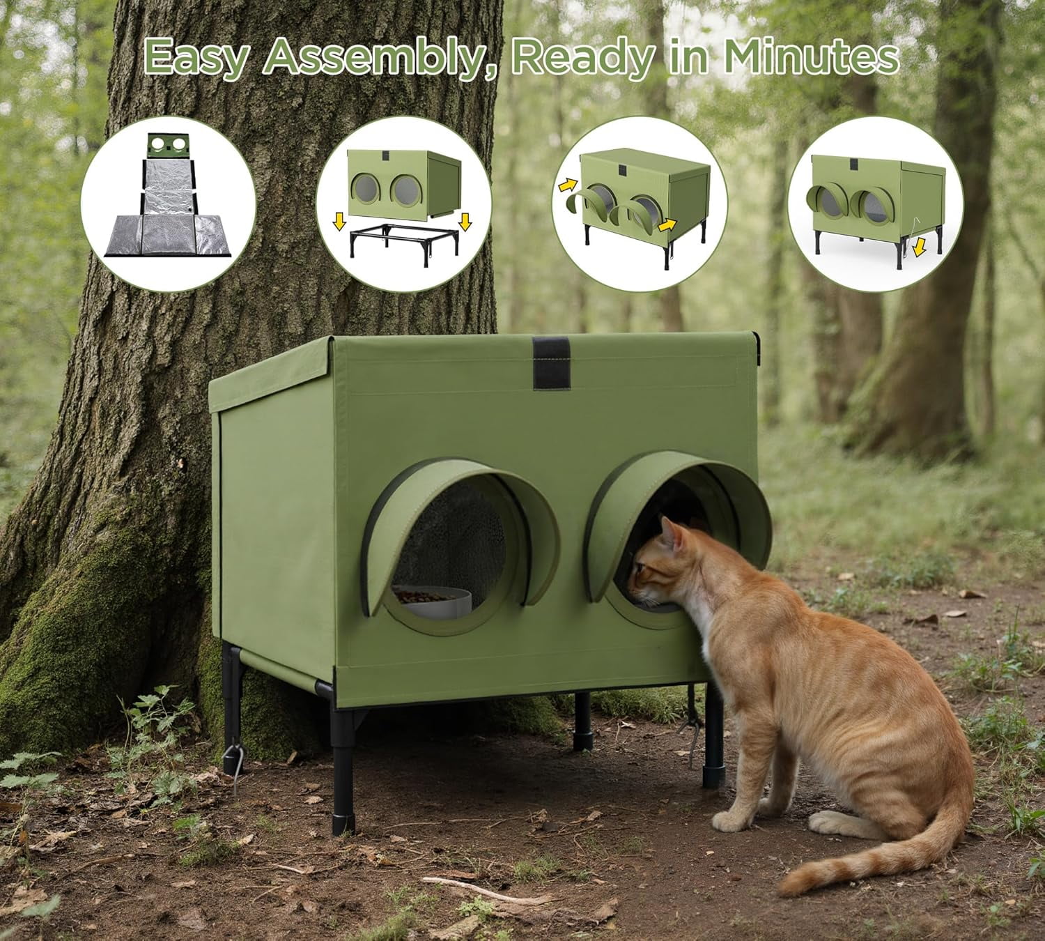 Outdoor Cat Feeding Station – Waterproof Dining Shelter for Feral & Community Cats, Insulated Roof & Walls, Dual-Feed Hole Design, Connects to Cat House – Green, 16"×12"×15.5"
