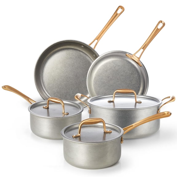 KITEXPERT Pots and Pans Set 8 Pcs, Vintage Stainless Steel Cookware Set Non-Toxic, Kitchen Cooking Set with Frying Pans, Saucepans, Oven & Dishwasher Safe, Induction Compatible