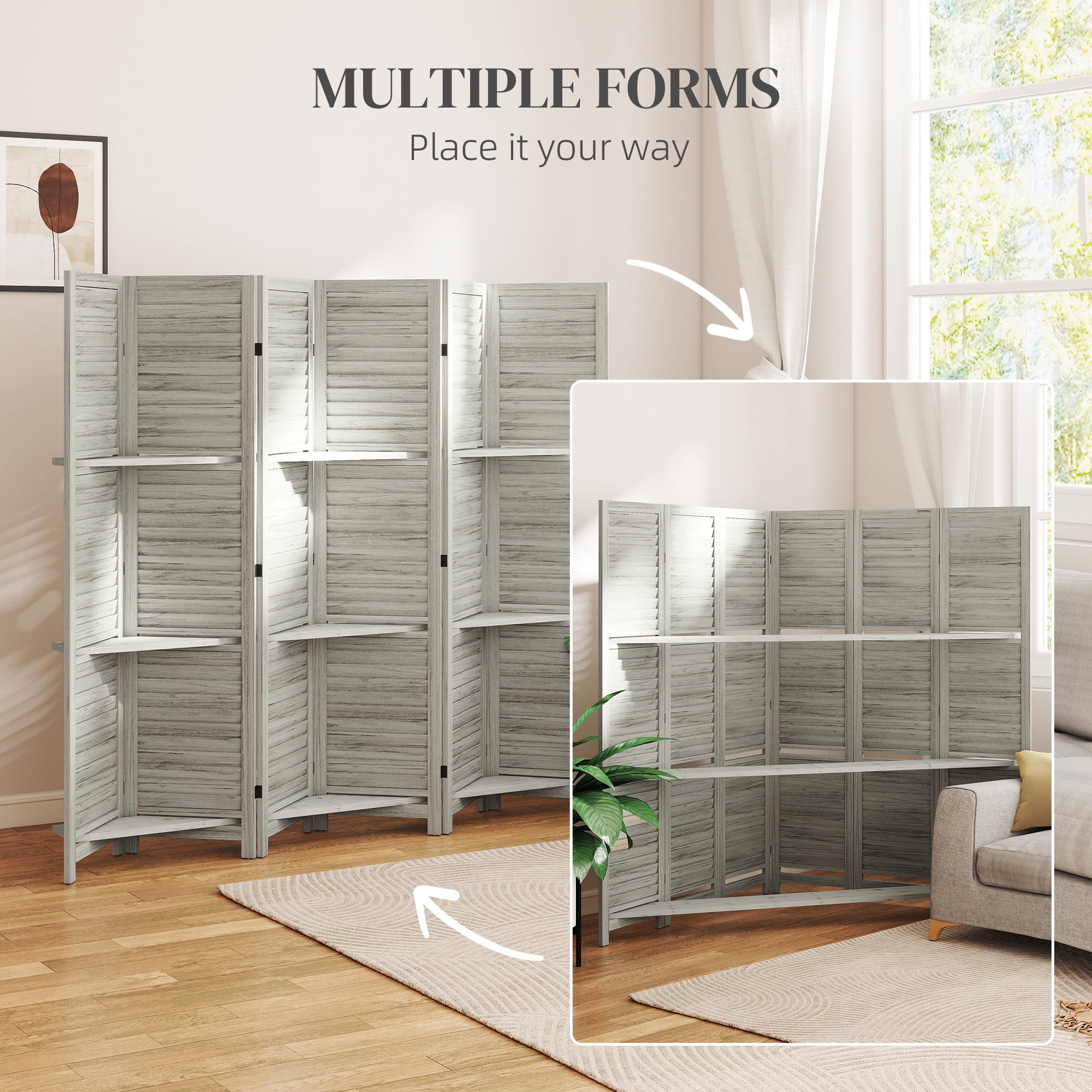 HOMCOM 6 Panel 67" Tall Wood Privacy Screen Room Divider with 3 Display Shelves, and Folding Storage for Bedroom or Home Office, Distressed White