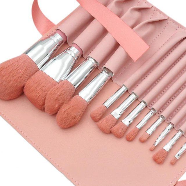 Juego de brochas de maquillaje HUOGUO, mango de madera rosa claro, 12 unidades