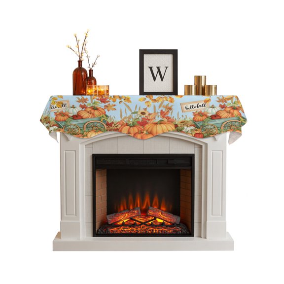 Orange Fall Pumpkins Fireplace Mantel Scarf Cover 60"Wx17"L,Fireplace Mantel Shelf Top Runner,Thanksgiving Botanical Blue Mantle Dresser Scarves Table Runner for Holiday Party Living Room Decorations