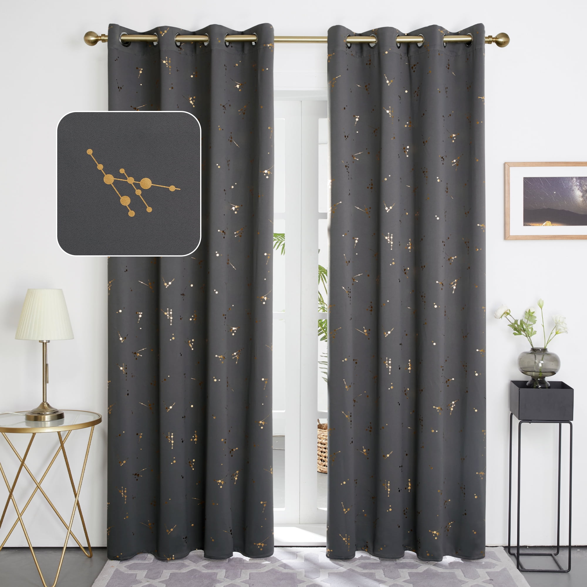 Deconovo Short Window Curtains with Foil Print Gold Star Grommet White Sheer Curtains for Bedroom 52x45 Inch 2 Panels 