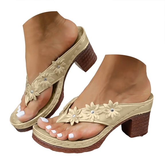 Mostsola Flip Flops for Women Boho Flower Heeled Sandals Slip on Dress Shoes Summer Casual Heels
