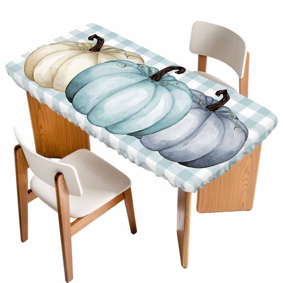 Pumpkins Table Cloths for 5 Foot Rectangle Tables, Thanksgiving Fall Farmhouse Teal Buffalo Plaid Patio Waterproof Elastic Fitted Tablecloths, Washable Rectangular Table Cover for Camping