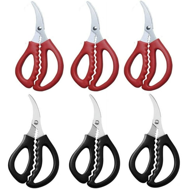Paquete de 6 tijeras para mariscos, pescado, cangrejo, langosta, camarones, cangrejos, cangrejos, tijeras multifuncionales de acero inoxidable, tijeras para mariscos (negro, rojo)