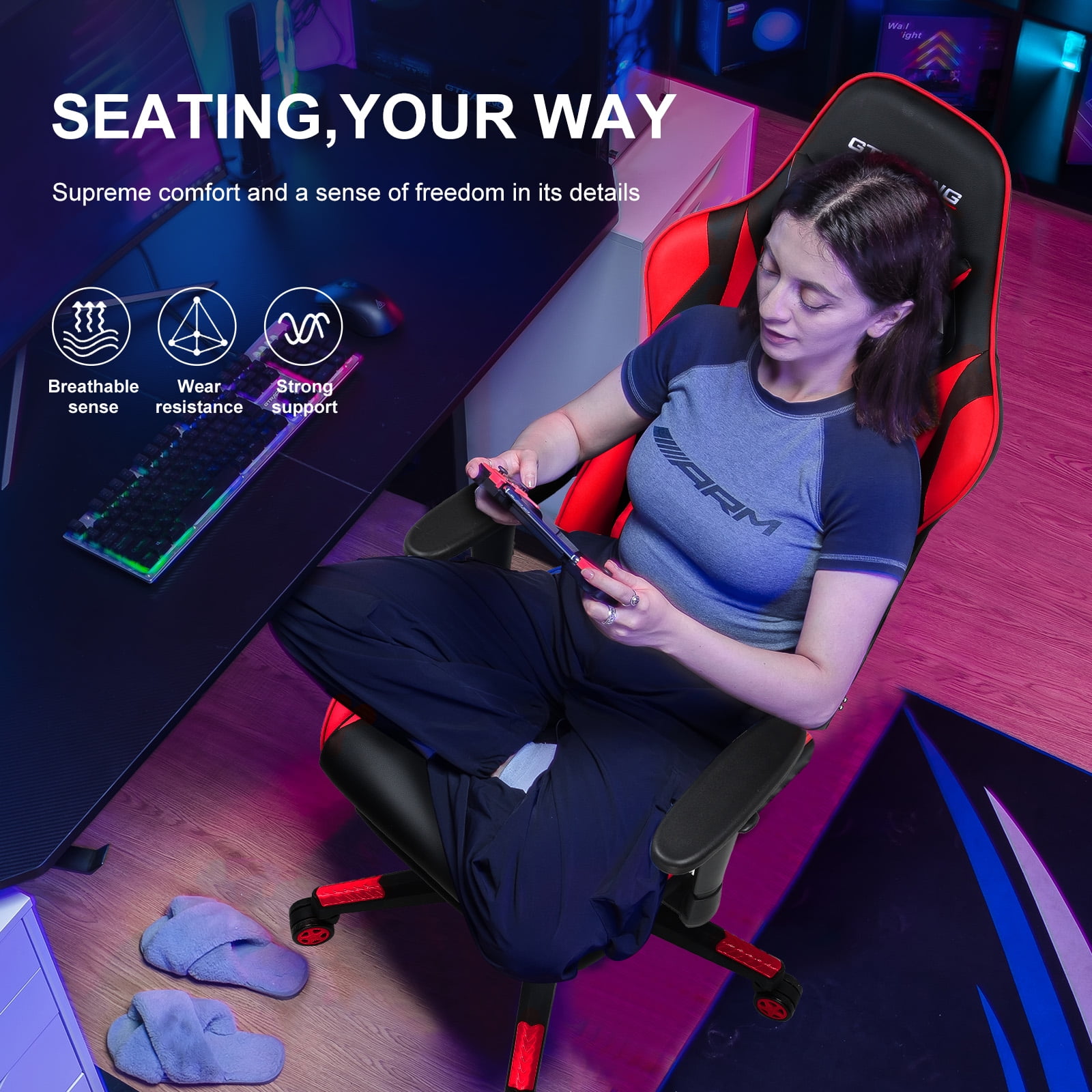 GTRACING Gaming Chair with Footrest Ergonomic Reclining Office Chair Swivel Rocker, Red