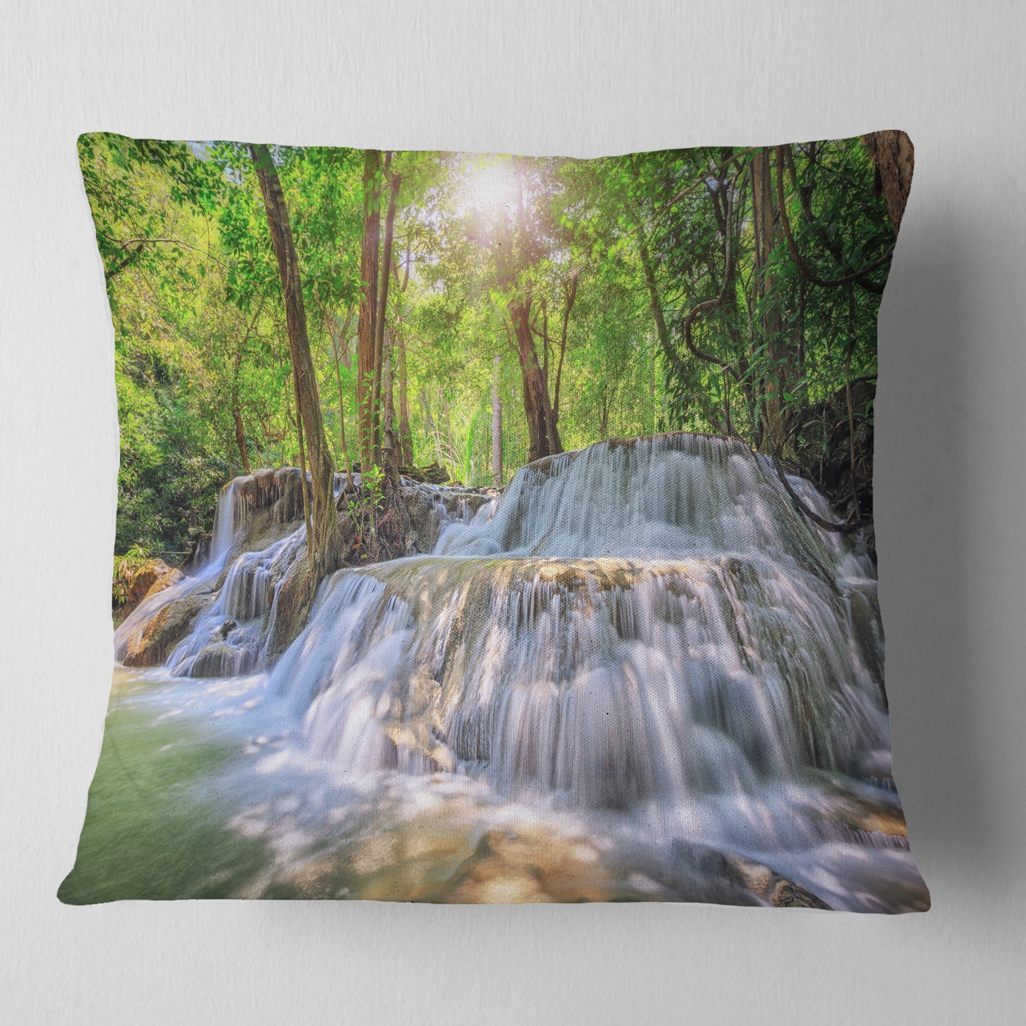 Designart Kanchanaburi Waterfall - Photography Throw Pillow - 16x16
